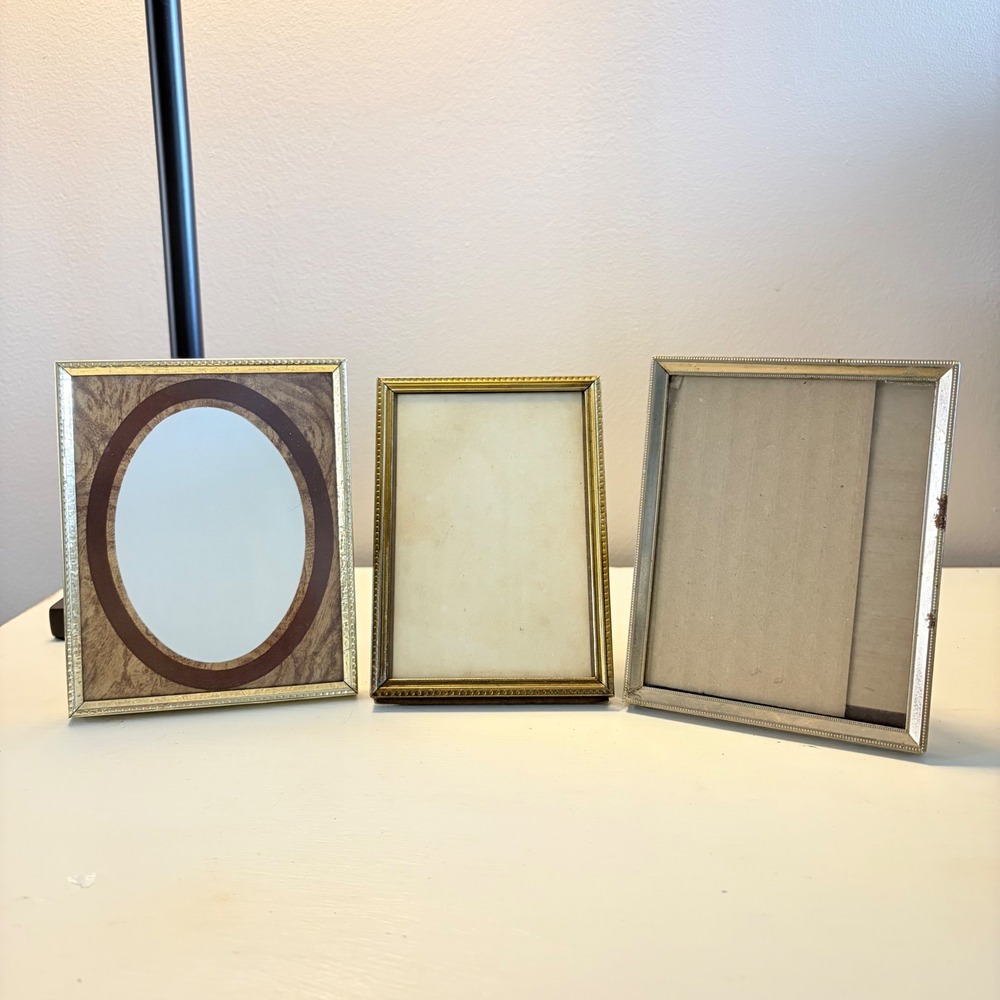 Vintage Gold Tone Metal Tabletop Picture Frame Set of 3 Oval and Rectangle